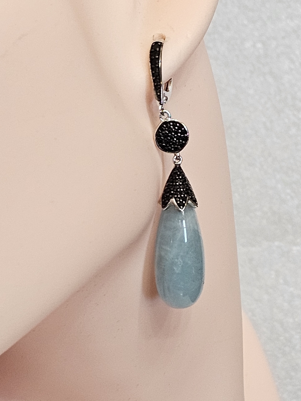 Genuine Aquamarine & Black Spinel Earrings - Picture 2 of 4